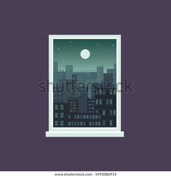 窓から見た夜の町 長方形の枠の緑の色の建築背景 満月と星の下に多くの建物を持つ漫画の風景 ベクターイラスト のベクター画像素材 ロイヤリティフリー