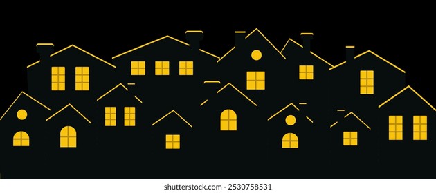 uma cidade noturna com uma janela amarela. em casa na cidade .   Ilustração vetorial, plano de fundo isolado.