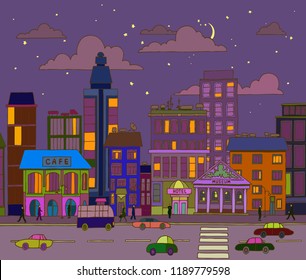 Night City.hand drawn vector cartoon style illustration with buildings, cars, clouds and people.