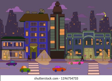 Night City.hand drawn vector cartoon style illustration with buildings, cars, clouds and people.