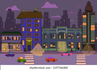 Night City.hand drawn vector cartoon style illustration with buildings, cars, clouds and people.