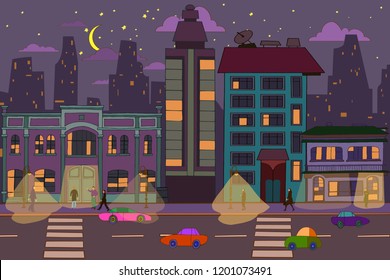 Night City.hand drawn vector cartoon style illustration with buildings, cars, clouds and people.