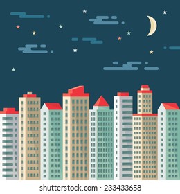 Night cityscape - abstract buildings - vector concept illustration in flat style. Real estate. Architecture megalopolis background. Design elements. 