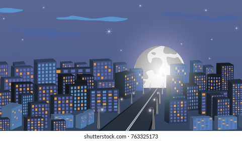 Night cityscape against the background of the night sky and the big moon. A long city street with lights on. Vector illustration