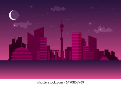 Night cityscape background with buildings, sky, stars.