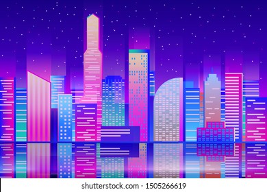 Night cityscape background. Evening city buildings with reflection in the water. Enbankment