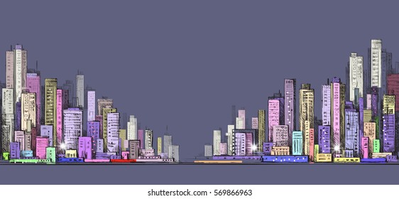 Night Cityscape background. Hand drawn vector illustration