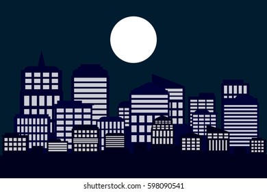 night cityscape with big moon on the sky.vector and illustration