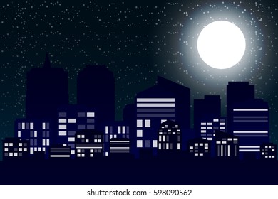 night cityscape with big moon on the sky.vector and illustration