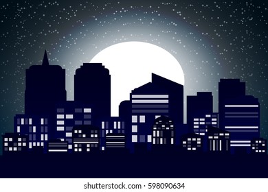 night cityscape with big moon on the sky.vector and illustration