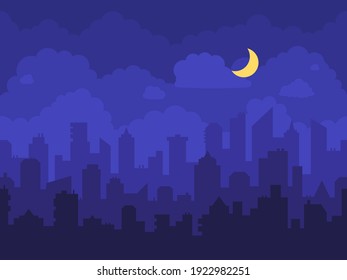 Night cityscape. Cartoon city at night with skyscrapers skyline, clouds and moon. Panorama with high buildings, houses and towers in town vector background illustration. Business downtown