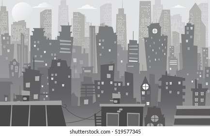 Night Cityscape In Cartoon Style. Night City Skyline Abstract Background. Urban Landscape.