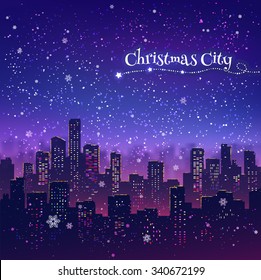 Night cityscape Christmas background with falling snow, and lights.