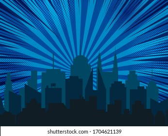 Night Cityscape Comic Background With Dark City Blue Radial Rays And Halftone Effects. Vector Illustration