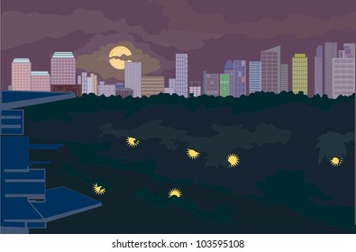 night cityscape with dark forest foreground