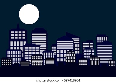 night cityscape with dark sky and big moon.vector and illustration