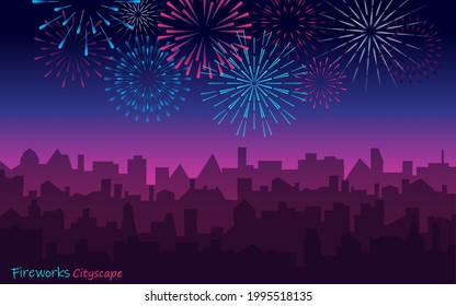 Paisaje urbano nocturno con fuegos artificiales. Paisaje vectorial vespertino con silueta de rascacielos y saludo festivo brillante. Fondo urbano con célebre petardo festivo sobre la ciudad.