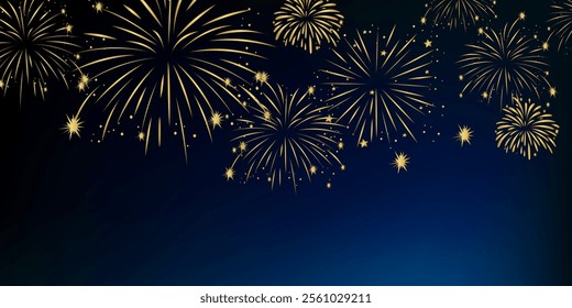 Night cityscape with fireworks. Vector evening landscape with skyscrapers silhouette and bright holiday salute. Urban background with celebrated festive firecracker over town.