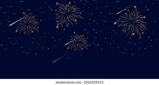 Night cityscape with fireworks. Vector evening landscape with skyscrapers silhouette and bright holiday salute. Urban background with celebrated festive firecracker over town.