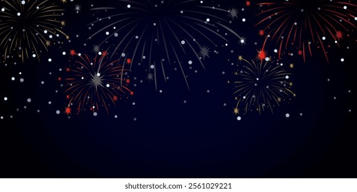 Night cityscape with fireworks. Vector evening landscape with skyscrapers silhouette and bright holiday salute. Urban background with celebrated festive firecracker over town.