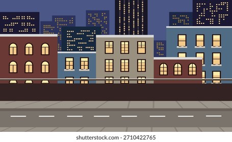 Night Cityscape with Flat Design Buildings and Illuminated Windows. City bridge road. Skyscraper.