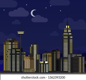 Night cityscape. Flat skyscraper modern buildings city office center, apartment house hotel residential block exterior panorama urban vector illustration