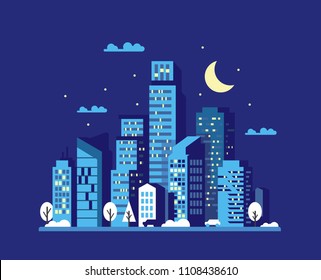 Night cityscape in flat style. Vector illustration