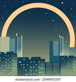 Night cityscape with high-rise buildings, vector. 