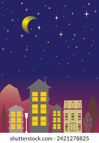 Night cityscape with houses and buildings, starry sky, vector 