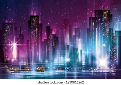 Night cityscape with illuminated buildings and road, illustration with architecture, skyscrapers, megapolis, buildings, downtown.