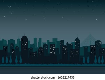 night cityscape with light from window and shining stars