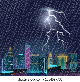 Night cityscape with lightning flash and heavy rain. Thunderstorm in the city. Urban landscape with thunder and lightning. Realistic vector illustration.