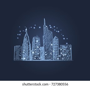 Night cityscape with lights of buildings and skyscrapers. Vector illustration of town drown in light blue colors isolated on dark blue