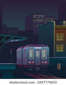 Paisaje urbano nocturno con metro. Estación con andén, vías del tren, semáforos. Transporte público nocturno, infraestructura de transporte. Vida nocturna de la metrópolis. Ilustración vectorial.