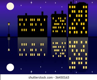 night cityscape with moon and stars reflected in water, vector
