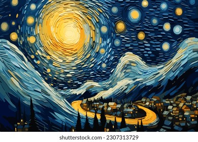 Night cityscape with moonlight, starry sky and light trails. Van Gogh style vector illustration for wall art and home decor.