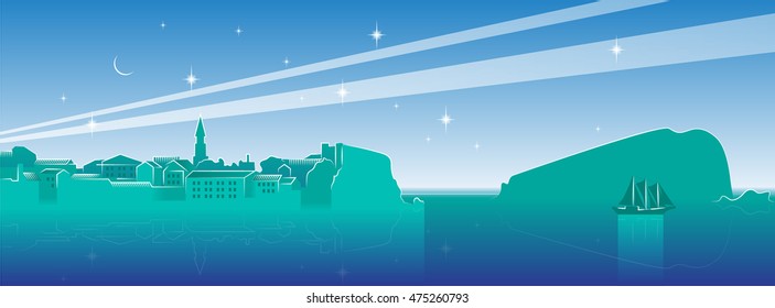 night cityscape of old town Budva (Montenegro) with island, yacht, moon and stars in turquoise color Adriatic sea coast