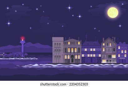 Night cityscape overlooking the embankment with a lighthouse and mansions under the moon and stars