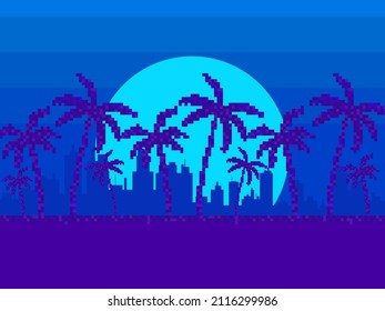 Night cityscape with palm trees in 80s pixel art style. Pixel palm trees against the backdrop of the city and the full moon. 8-bit synthwave and retrowave. Retro 8-bit video game. Vector illustration