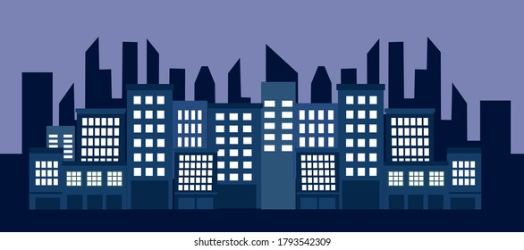 Night cityscape panorama vector illustration in flat design. City skyline at night.