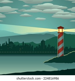 night cityscape scene with lighthouse