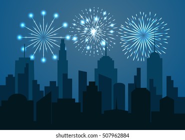 Night cityscape silhouette with festive fireworks. Celebration template in blue colors. Vector illustration