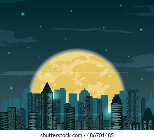 Night cityscape silhouettes with moon . Vector illustration.