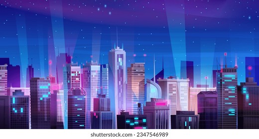 Night cityscape with skyscrapers and helicopter on roof. Vector cartoon illustration of modern city illumination, high-rise office or apartment buildings with many windows, stars shining in dark sky