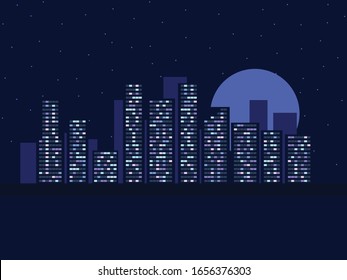Night cityscape with starry sky and moon. City view at dusk. Light in the windows. Vector illustration