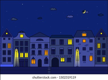 Night cityscape of street with old buildings. Flat vector illustration.