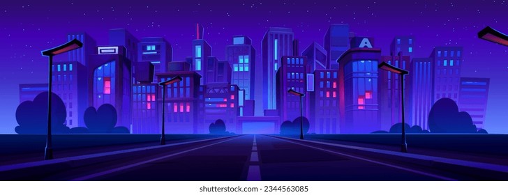 Night cityscape and suburban road perspective with street lights. Vector cartoon illustration of urban landscape under dark sky with many stars, modern city apartment houses and office buildings