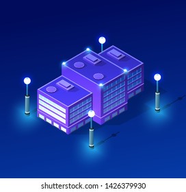 Night Cityscape ultraviolet architecture city from isometric urban building street skyscraper. Vector concept business violet modern digital illustration for background design.