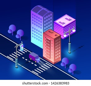 Night Cityscape ultraviolet architecture city from isometric urban building street skyscraper. Vector concept business violet modern digital illustration for background design.