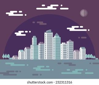 Night cityscape - vector concept illustration in flat style for presentation, booklet, website and different design projects. Urban landscape. Real estate. Building in city.